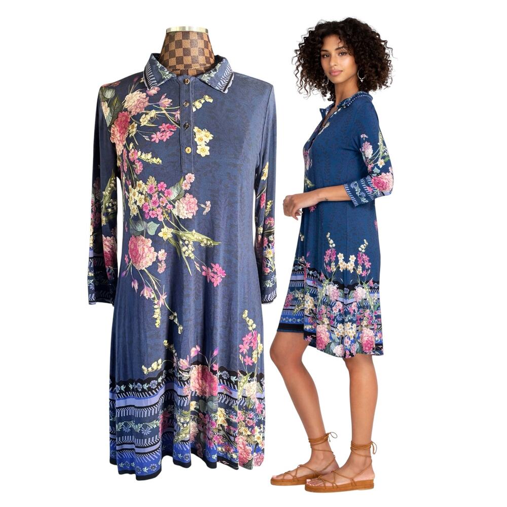 Johnny Was Floral Bamboo Midi Dress Willowa Polo Tunic Size Medium Blue Boho